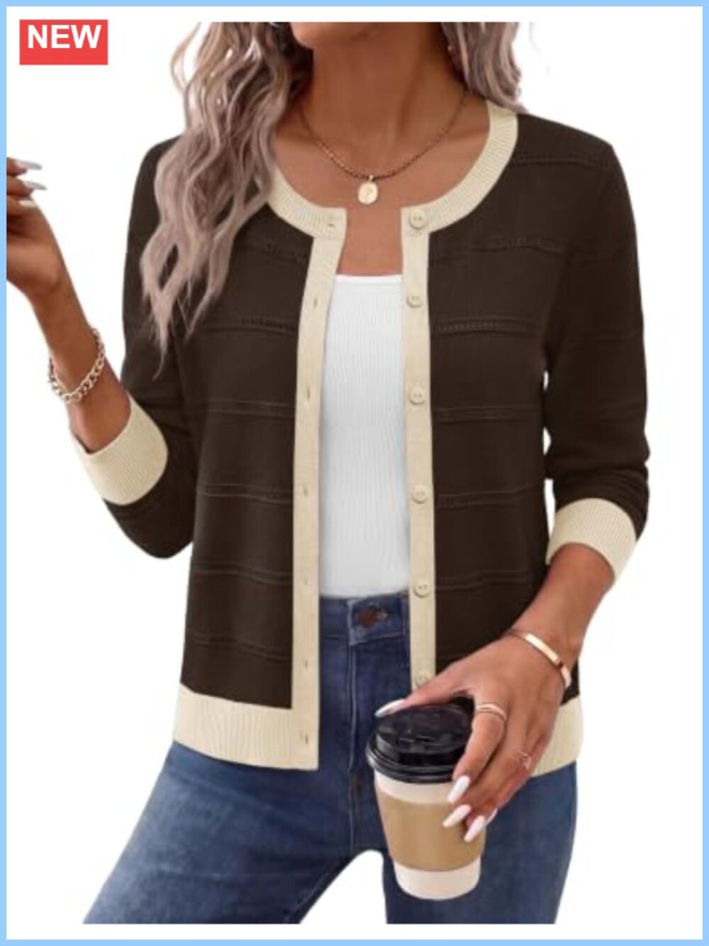 Hollow Out Knit Cardigan Crewneck Button Front Lightweight Fall Layer